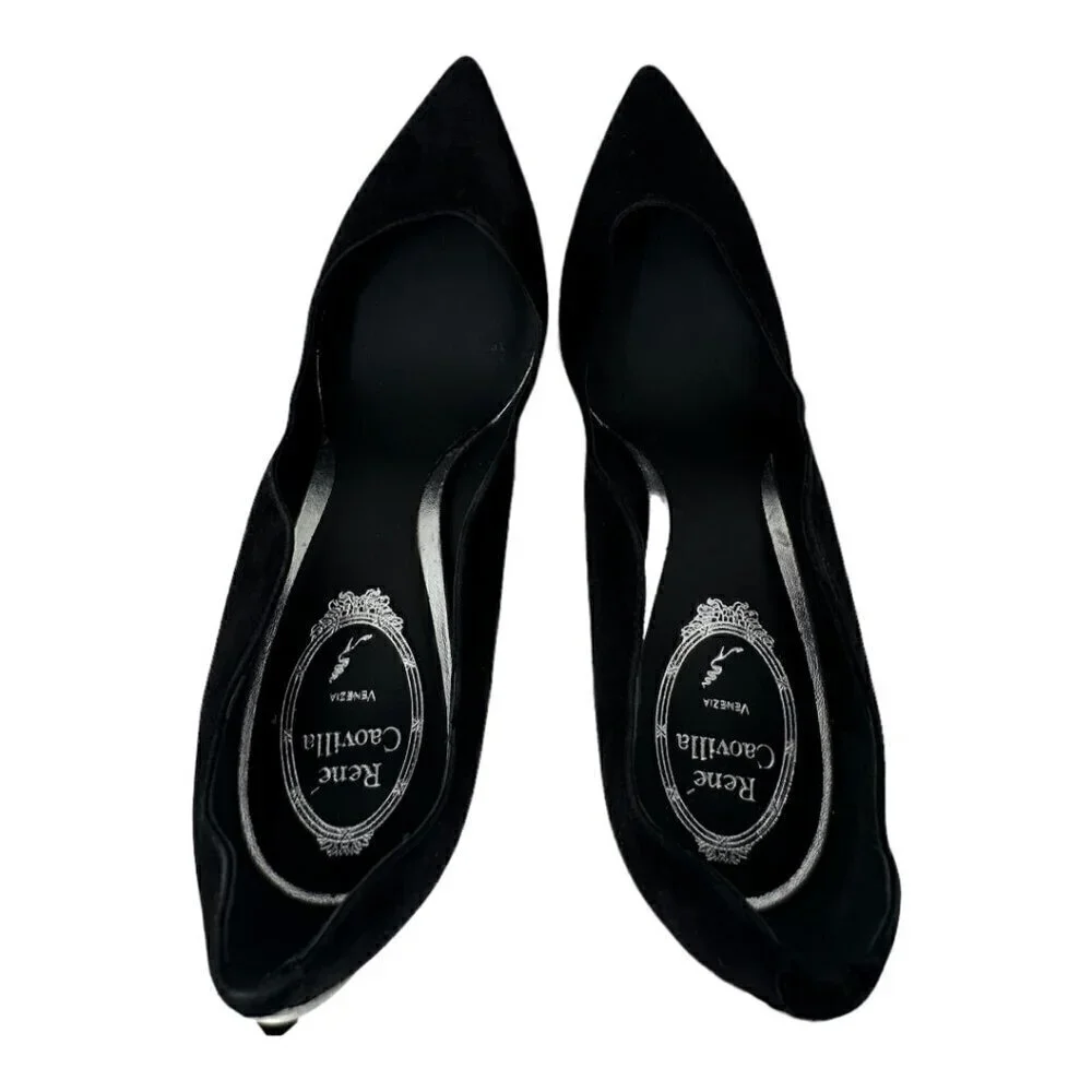 Rare Rene Caovilla Tessa Black Suede Scalloped Edges Pointed Toe Heels Pumps 9